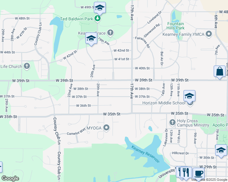 map of restaurants, bars, coffee shops, grocery stores, and more near 1784-1832 W 38th St in Kearney
