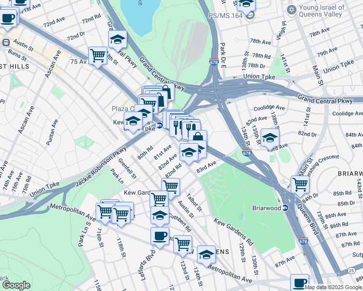 map of restaurants, bars, coffee shops, grocery stores, and more near 120-34 Queens Boulevard in Queens