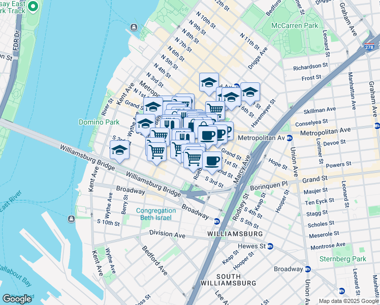 map of restaurants, bars, coffee shops, grocery stores, and more near 728 Driggs Avenue in Brooklyn