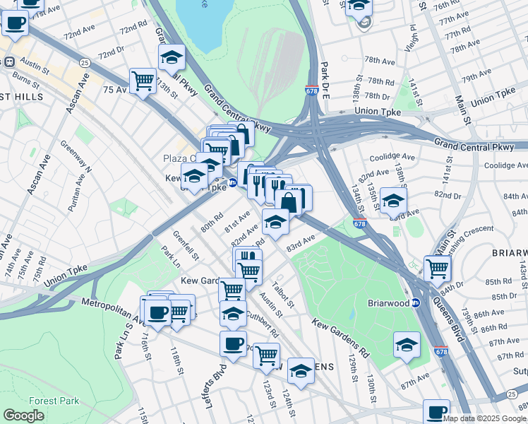 map of restaurants, bars, coffee shops, grocery stores, and more near 41 Kew Gardens Road in Queens