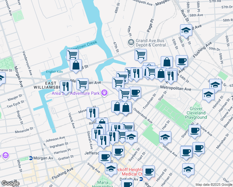 map of restaurants, bars, coffee shops, grocery stores, and more near 75 Onderdonk Avenue in Queens