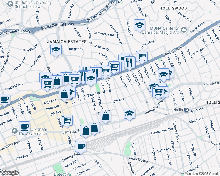 map of restaurants, bars, coffee shops, grocery stores, and more near 88-35 184th Street in Queens