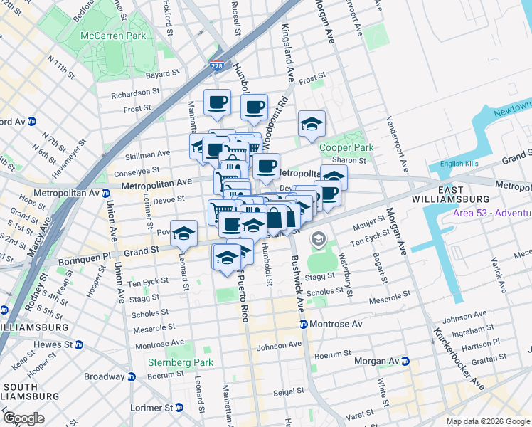 map of restaurants, bars, coffee shops, grocery stores, and more near 321A Humboldt Street in Brooklyn
