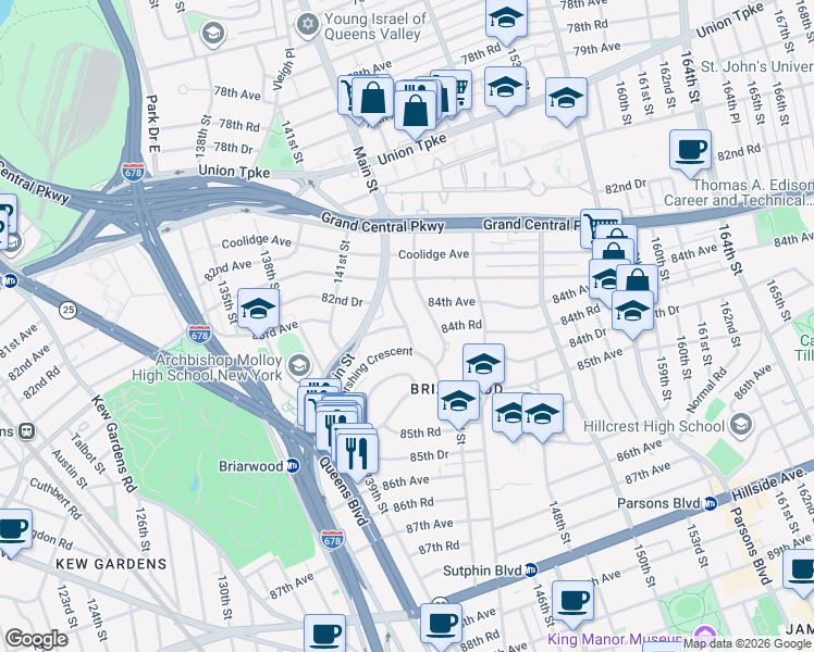 map of restaurants, bars, coffee shops, grocery stores, and more near 84th Road & Lander Street in Queens