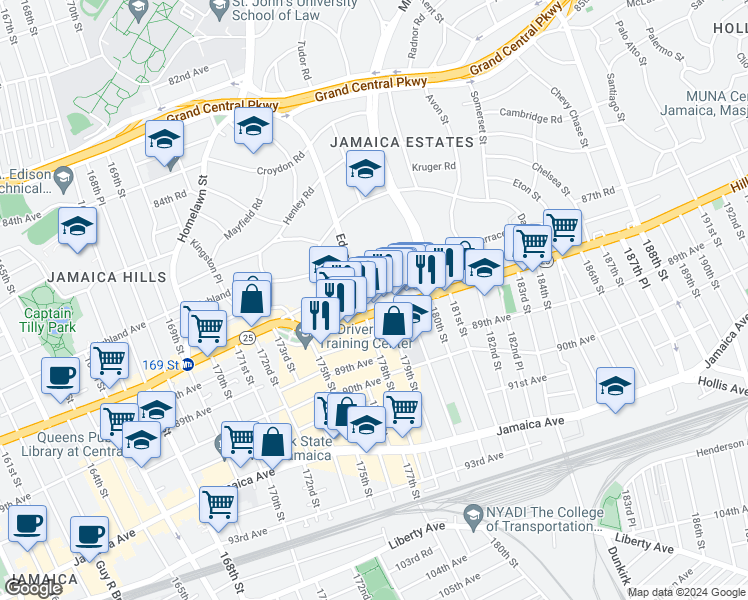 map of restaurants, bars, coffee shops, grocery stores, and more near 178-09 Wexford Terrace in Queens