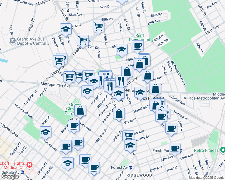 map of restaurants, bars, coffee shops, grocery stores, and more near 60-09 Metropolitan Avenue in Queens