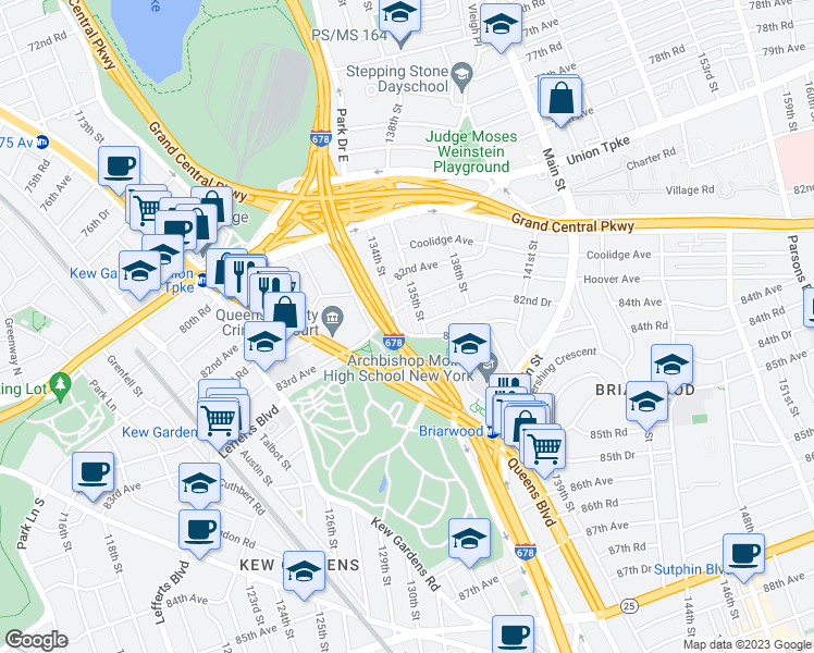 map of restaurants, bars, coffee shops, grocery stores, and more near 82-85 134th Street in Queens