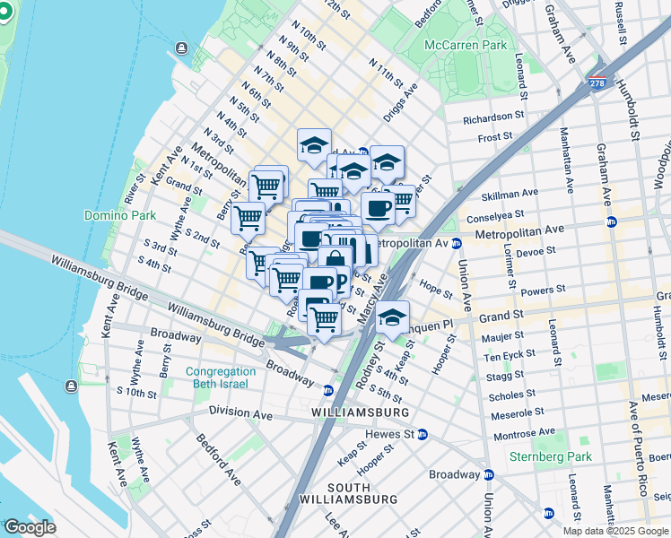 map of restaurants, bars, coffee shops, grocery stores, and more near 124-128 Havemeyer Street in Brooklyn