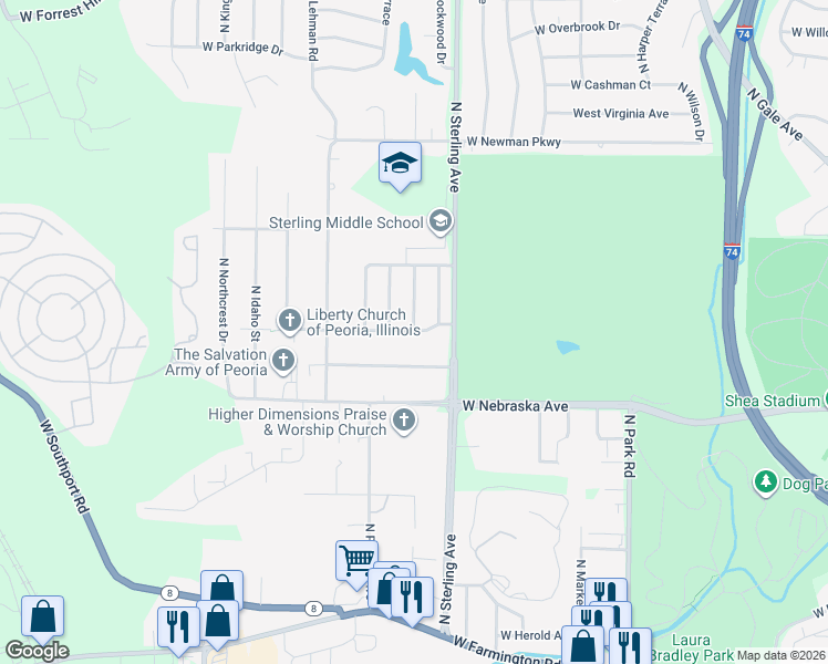 map of restaurants, bars, coffee shops, grocery stores, and more near 2518 West Flint Street in Peoria