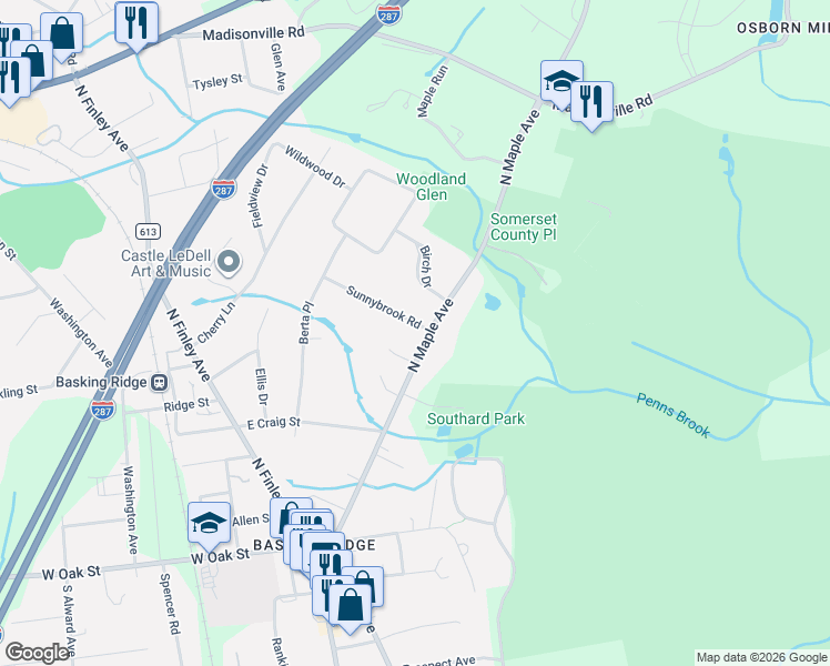 map of restaurants, bars, coffee shops, grocery stores, and more near 92 North Maple Avenue in Bernards