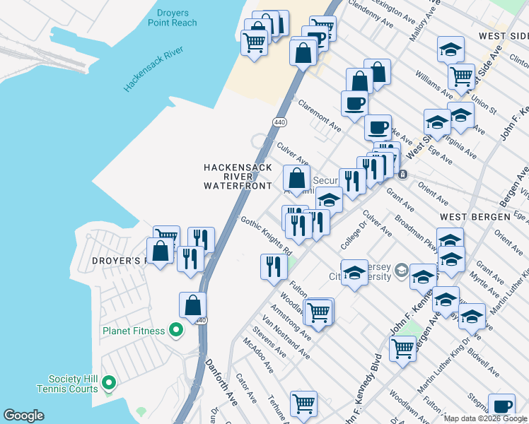 map of restaurants, bars, coffee shops, grocery stores, and more near Hernandez Way in Jersey City