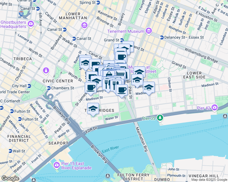 map of restaurants, bars, coffee shops, grocery stores, and more near 58 Henry Street in New York