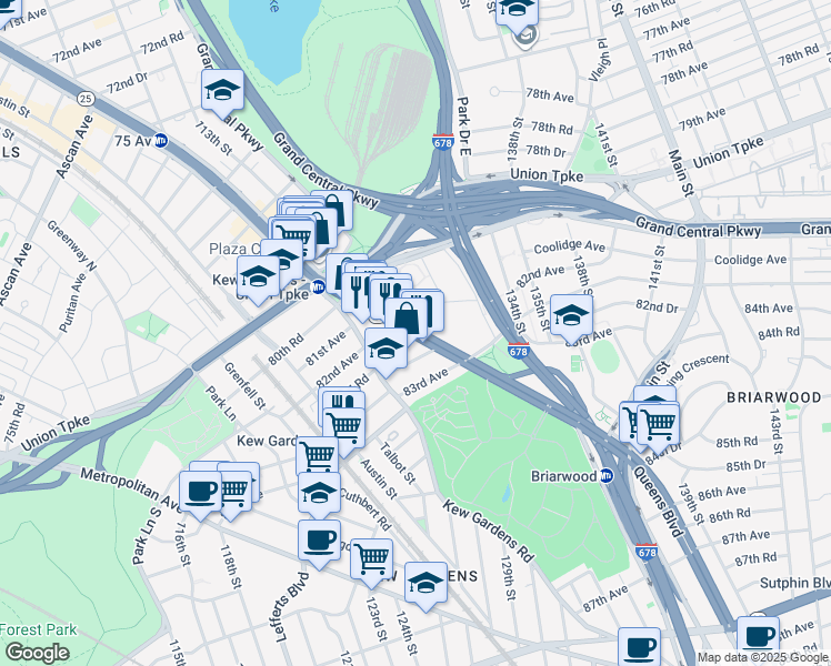 map of restaurants, bars, coffee shops, grocery stores, and more near 124-36 Queens Boulevard in Queens