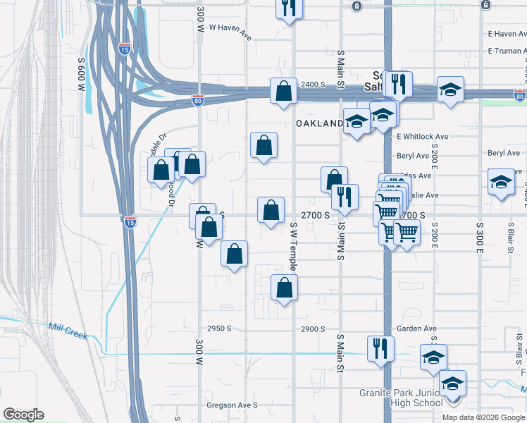 map of restaurants, bars, coffee shops, grocery stores, and more near 148 West 2700 South in South Salt Lake