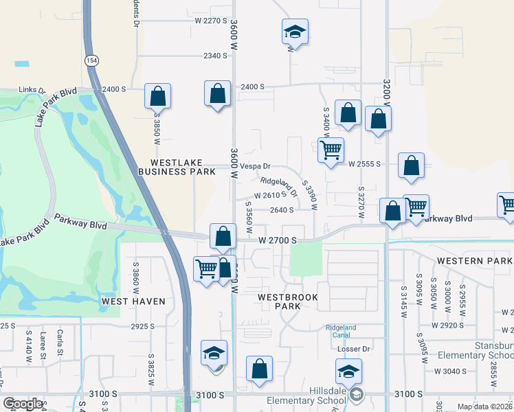 map of restaurants, bars, coffee shops, grocery stores, and more near 3511 West 2610 South in West Valley City
