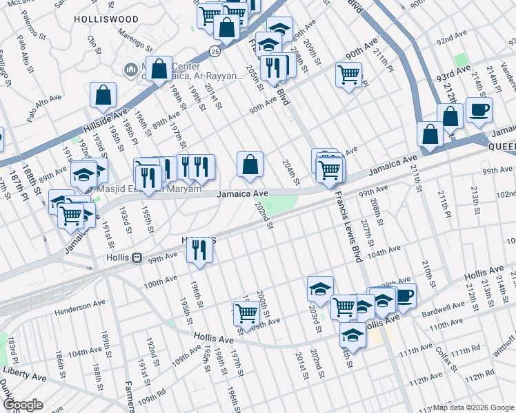 map of restaurants, bars, coffee shops, grocery stores, and more near 94-11 199th Street in Queens