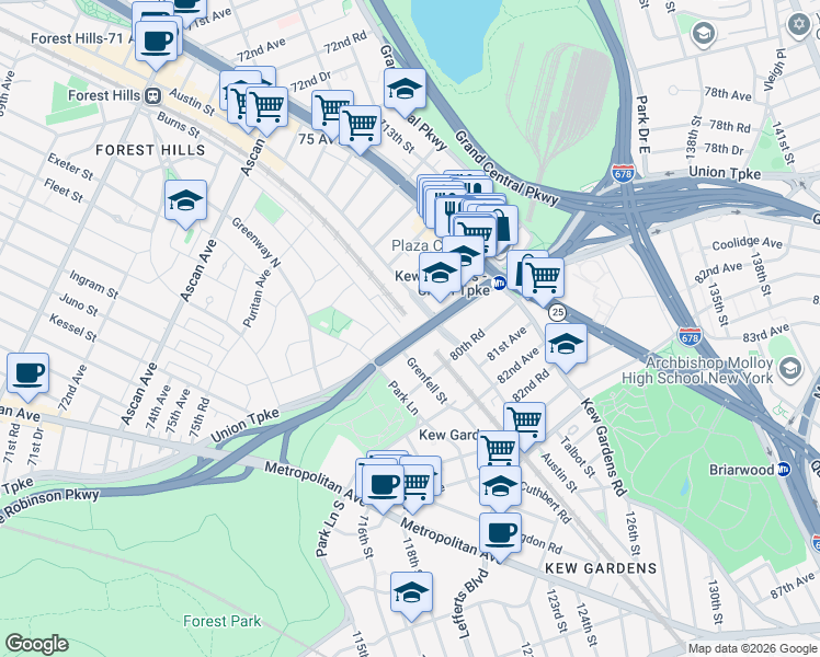 map of restaurants, bars, coffee shops, grocery stores, and more near in Queens