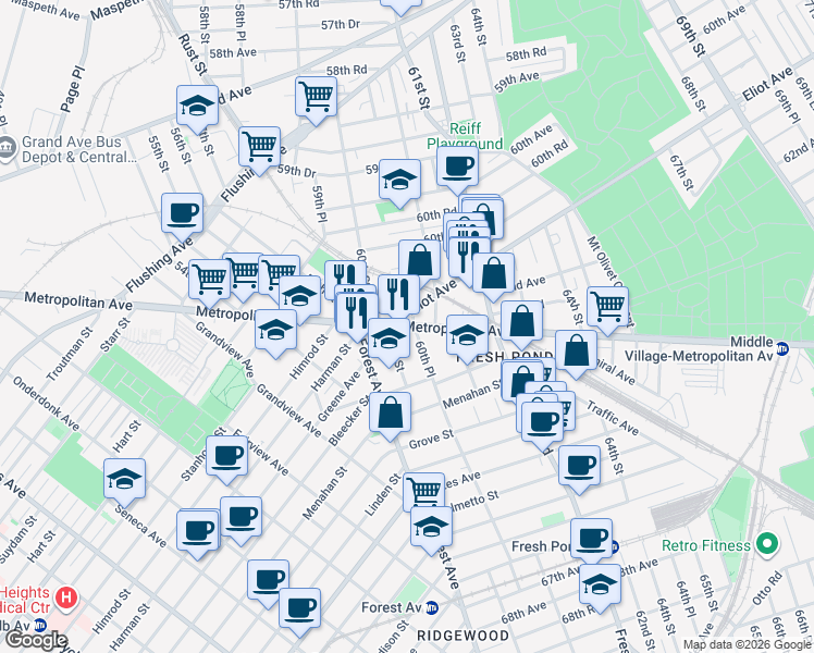 map of restaurants, bars, coffee shops, grocery stores, and more near 60-45 Metropolitan Avenue in Queens