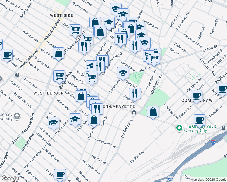 map of restaurants, bars, coffee shops, grocery stores, and more near 791 Ocean Avenue in Jersey City