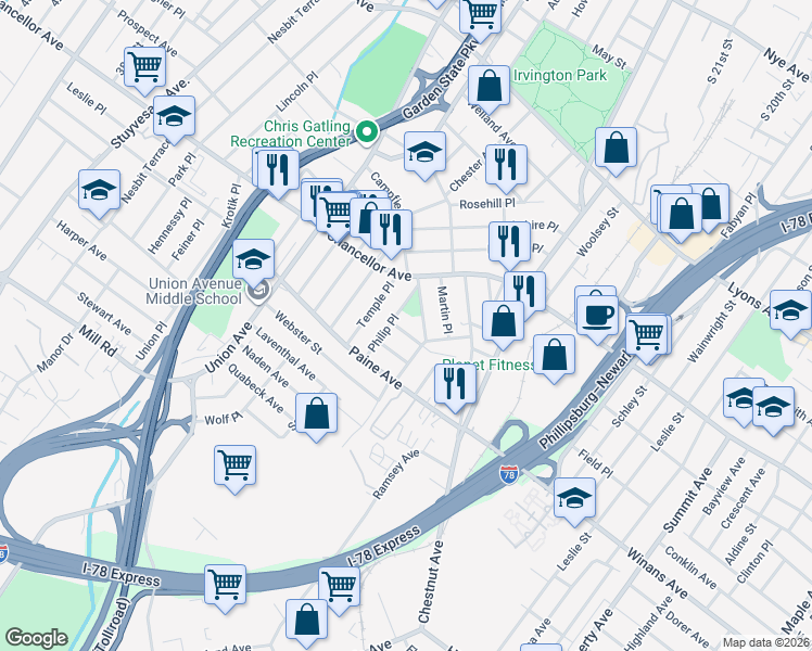 map of restaurants, bars, coffee shops, grocery stores, and more near 29 Robert Place in Irvington