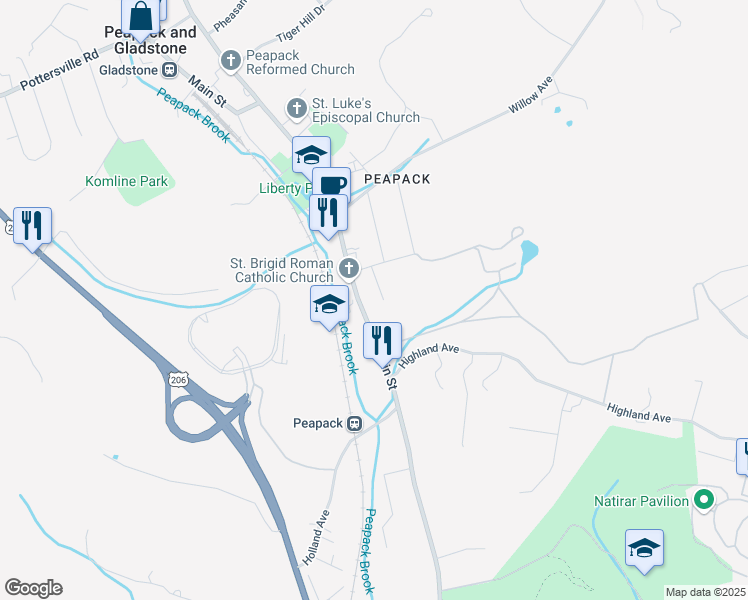 map of restaurants, bars, coffee shops, grocery stores, and more near 7 Perry Street in Peapack and Gladstone