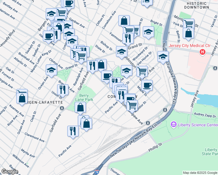 map of restaurants, bars, coffee shops, grocery stores, and more near 392 Communipaw Avenue in Jersey City
