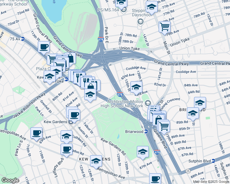 map of restaurants, bars, coffee shops, grocery stores, and more near 69 Kew Gardens Road in Queens
