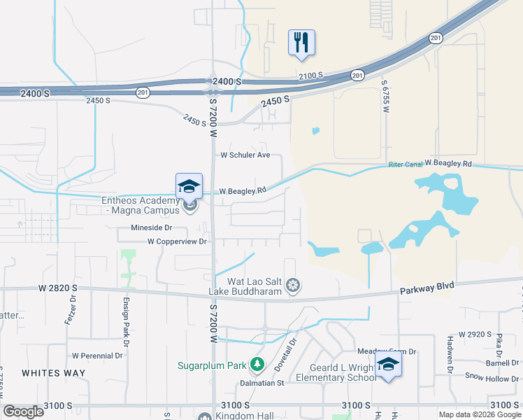 map of restaurants, bars, coffee shops, grocery stores, and more near 7090 Palomino Drive in West Valley City
