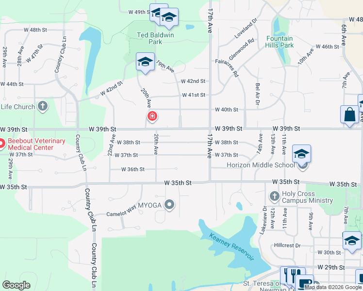 map of restaurants, bars, coffee shops, grocery stores, and more near 1784-1832 W 38th St in Kearney