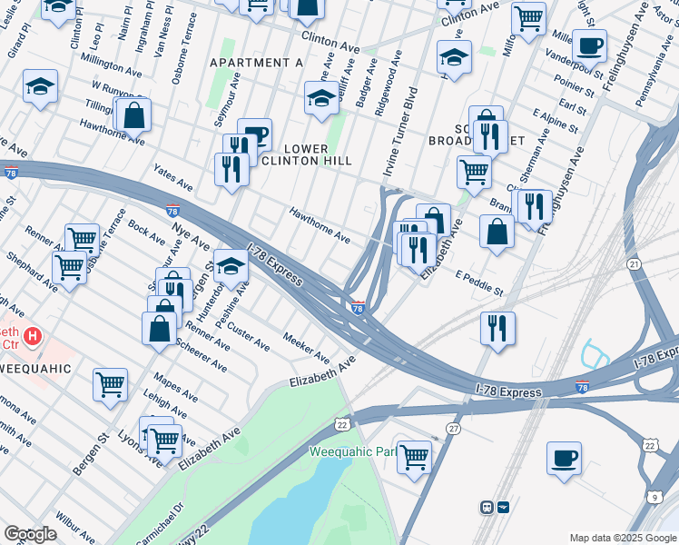 map of restaurants, bars, coffee shops, grocery stores, and more near 598 Irvine Turner Boulevard in Newark