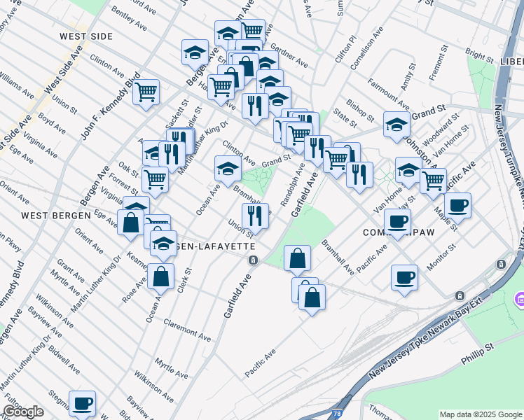 map of restaurants, bars, coffee shops, grocery stores, and more near in Jersey City