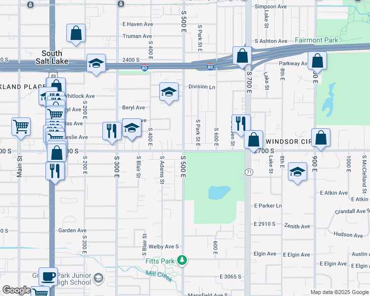 map of restaurants, bars, coffee shops, grocery stores, and more near 2642 Park Street East in Salt Lake City