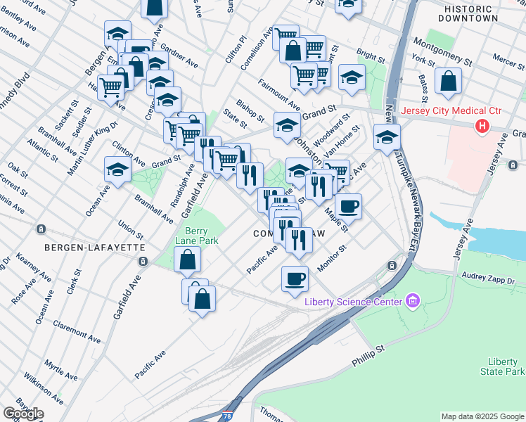 map of restaurants, bars, coffee shops, grocery stores, and more near 388 Communipaw Avenue in Jersey City
