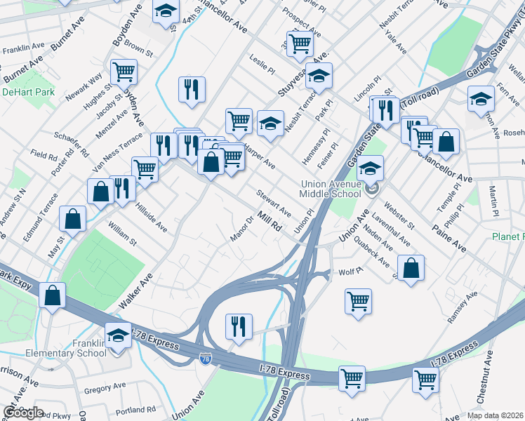 map of restaurants, bars, coffee shops, grocery stores, and more near 80 Mill Road in Irvington