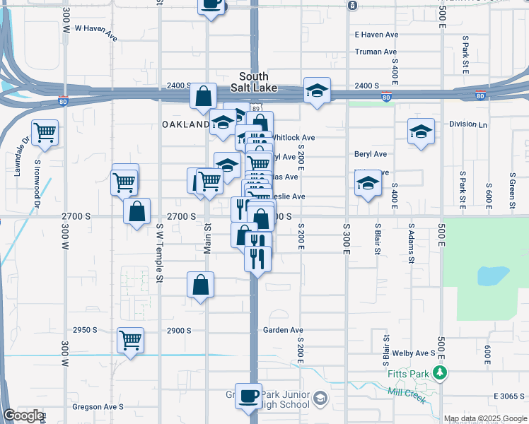 map of restaurants, bars, coffee shops, grocery stores, and more near 2645 State Street in South Salt Lake