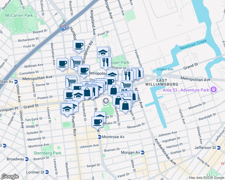map of restaurants, bars, coffee shops, grocery stores, and more near 316 Powers Street in Brooklyn