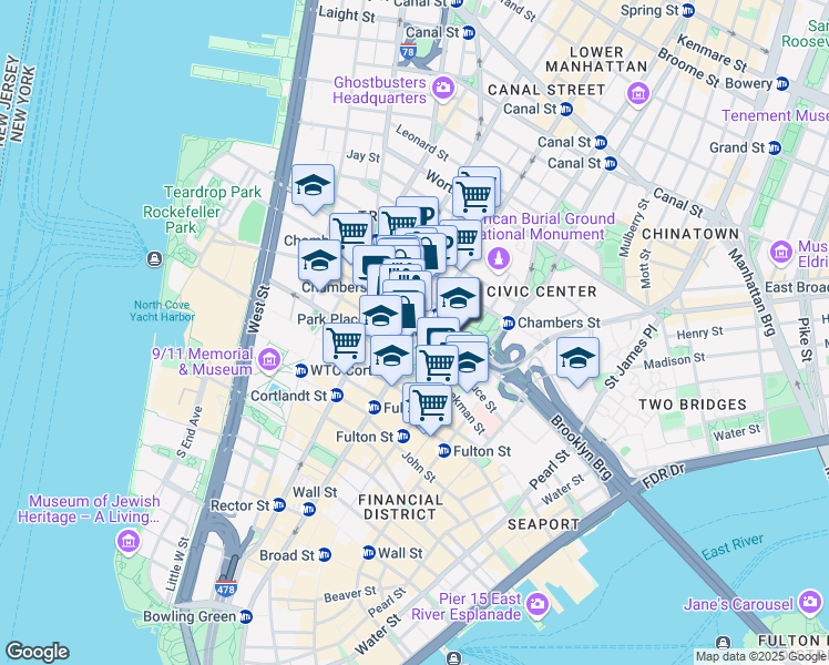 map of restaurants, bars, coffee shops, grocery stores, and more near 250 Broadway in New York