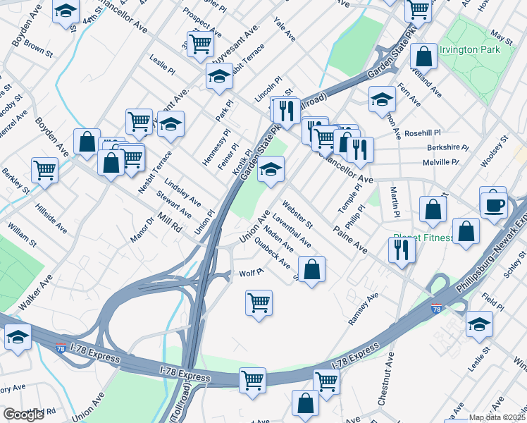 map of restaurants, bars, coffee shops, grocery stores, and more near 477 Union Avenue in Irvington