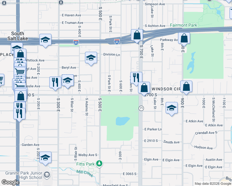 map of restaurants, bars, coffee shops, grocery stores, and more near 573 East 2700 South in Salt Lake City