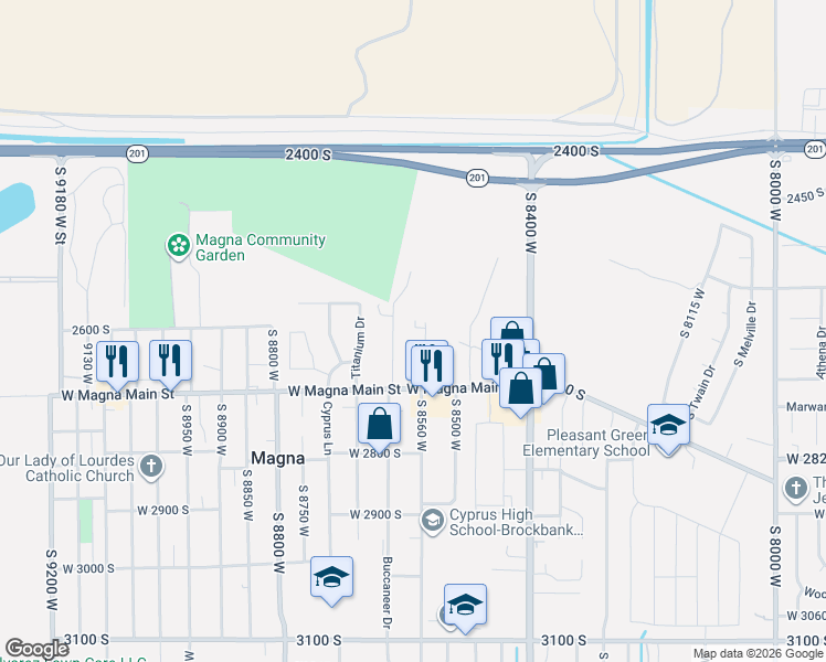 map of restaurants, bars, coffee shops, grocery stores, and more near 2624 South 8550 West in Magna