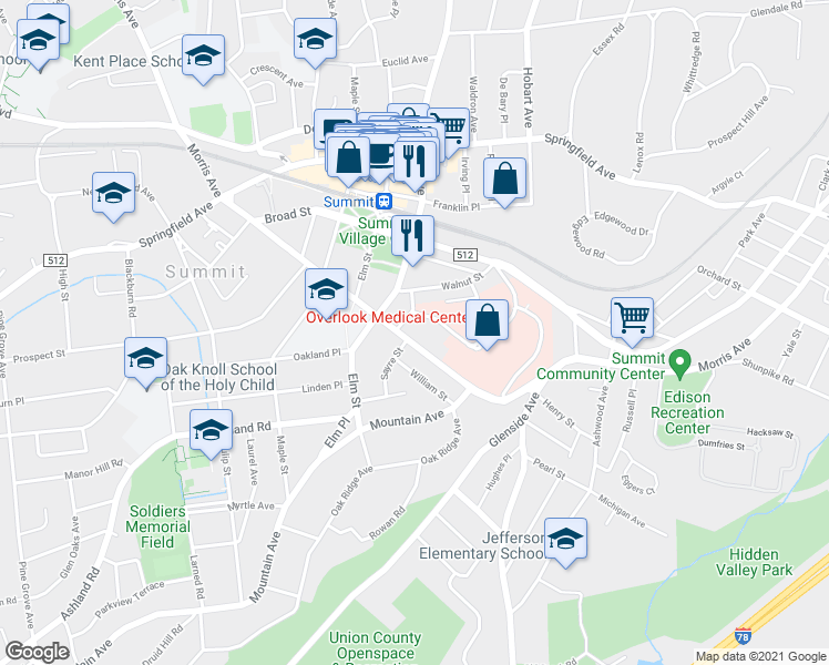 map of restaurants, bars, coffee shops, grocery stores, and more near 235 Morris Avenue in Summit