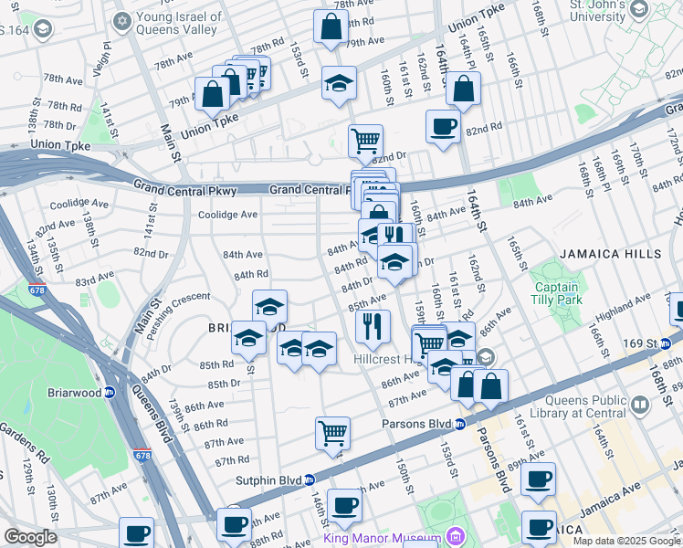 map of restaurants, bars, coffee shops, grocery stores, and more near 150-16 84th Road in Queens
