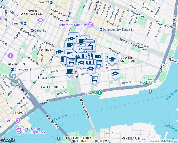 map of restaurants, bars, coffee shops, grocery stores, and more near 26 Rutgers Street in New York
