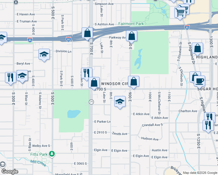 map of restaurants, bars, coffee shops, grocery stores, and more near 2670 South 800 East in Salt Lake City