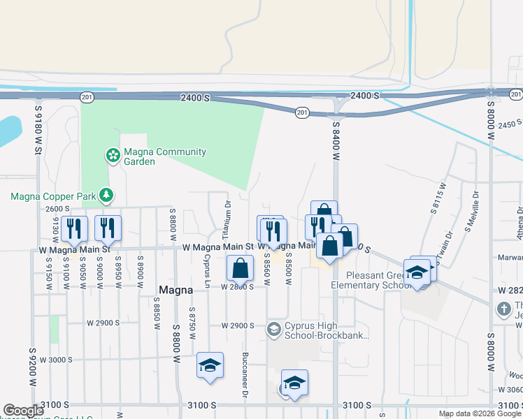 map of restaurants, bars, coffee shops, grocery stores, and more near 2617 South 8590 West in Magna
