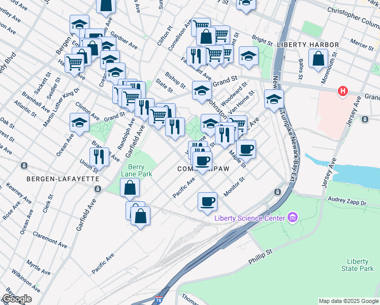 map of restaurants, bars, coffee shops, grocery stores, and more near 392 Communipaw Avenue in Jersey City
