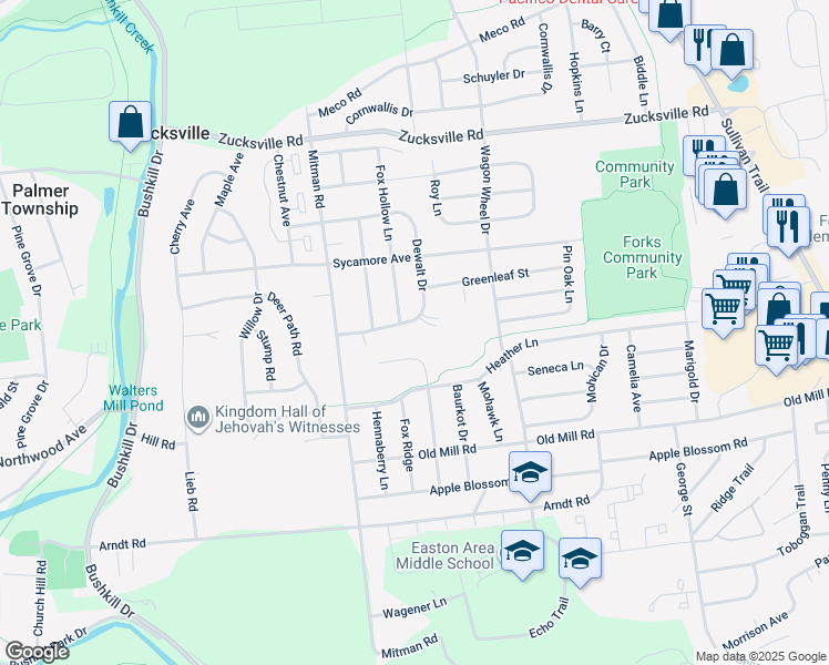 map of restaurants, bars, coffee shops, grocery stores, and more near 1188 Dewalt Drive in Easton