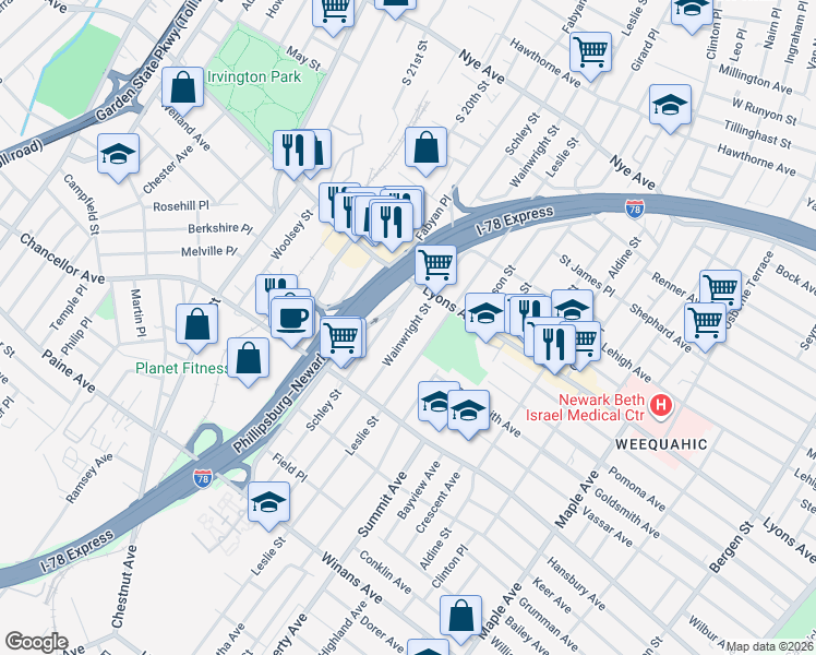 map of restaurants, bars, coffee shops, grocery stores, and more near 248 Schley Street in Newark
