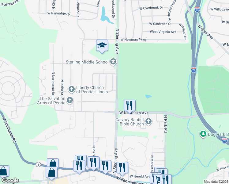 map of restaurants, bars, coffee shops, grocery stores, and more near 2508 W Flint St in Peoria