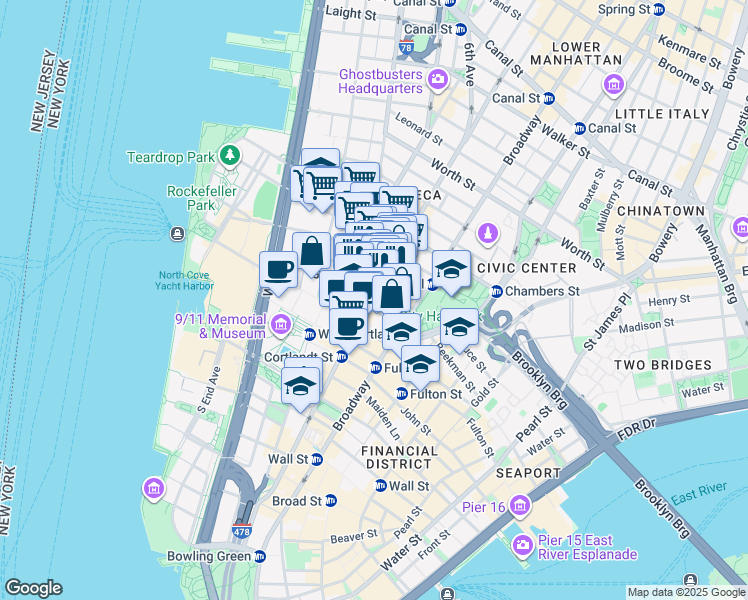 map of restaurants, bars, coffee shops, grocery stores, and more near 99 Church Street in New York